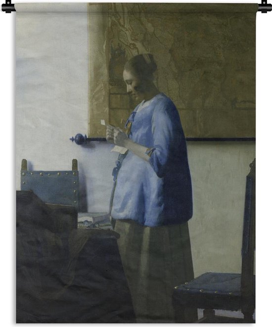 Wandkleed Johannes Vermeer - Brieflezende vrouw in het blauw - Schilderij van Johannes Vermeer Wandkleed katoen 120x160 cm - Wandtapijt met foto XXL / Groot formaat!
