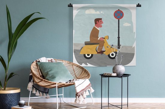Tapisserie Illustration Vespa - Illustration d'un homme sur une Vespa Tapisserie coton 90x90 cm - Tapisserie avec photo