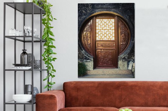 Traditionele Chinese deur Canvas 90x120 cm - Foto print op Canvas schilderij (Wanddecoratie woonkamer / slaapkamer)