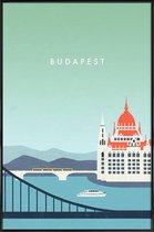 JUNIQE - Poster met kunststof lijst Retro Boedapest -13x18 /Blauw &