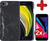 Hoes voor iPhone 7 Hoesje Marmer Hardcover Fashion Case Hoes Met 2x Screenprotector - Hoes voor iPhone 7 Marmer Hoesje Hardcase Back Cover - Zwart x Wit