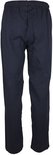 Achterkant van een donkerblauwe joggingbroek met elastische tailleband.