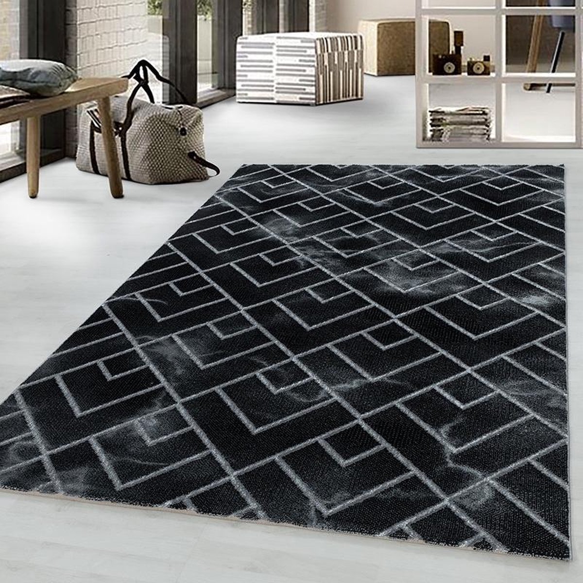 Laagpolig vloerkleed, marmerdesign, zilverkleurig, woonkamerkleed, jute achterkant, afmeting: 120 cm x 170 cm