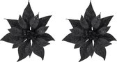 2x stuks decoratie bloemen kerstster zwart glitter op clip 18 cm