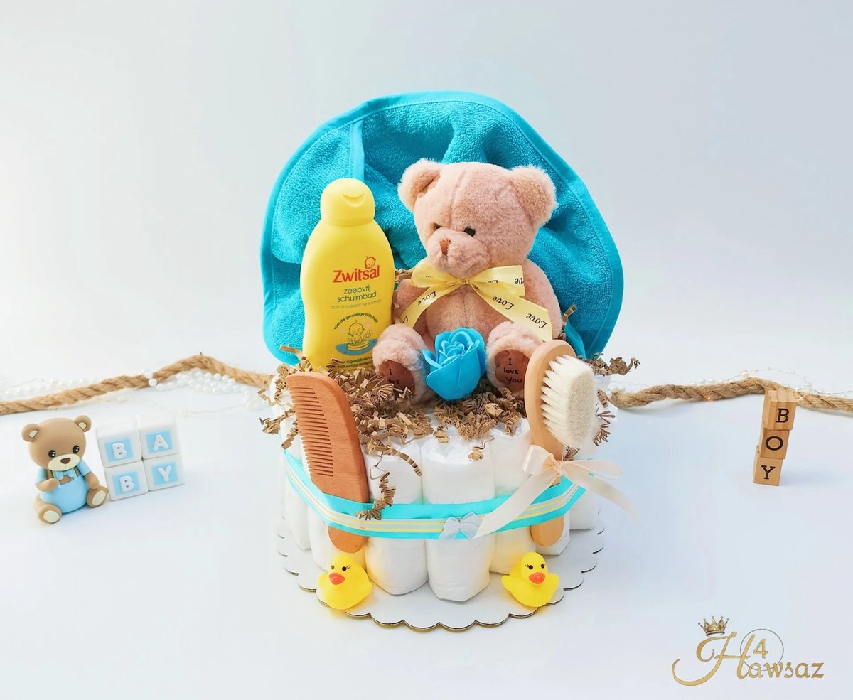 Goedkoopste Luiertaart 33 stuks - Grote knuffel - kraamcadeau - Hawsaz.nl Cadeau - 25 luiers newborn - Babycadeau - Babygeschenkset - Knuffel 30 cm - Badcape - Babyshower - Gepersonaliseerde - Zwitsal Verzorging