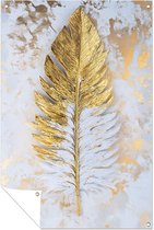 Gouden veer op grijze achtergrond - Veer tuinprint - Tuinkunst natuur - Minimalisme - Schilderij voor tuin - Poster voor tuinhek - tuinposter 30x45 cm