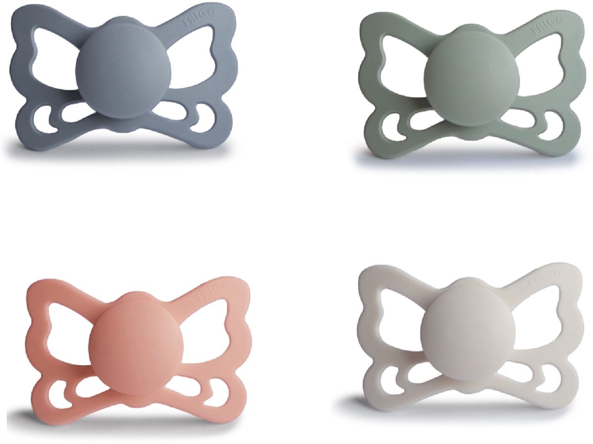 Goedkoopste FRIGG BUTTERFLY Fopspeen set 4 stuks - Siliconen - Maat 2 - vanaf 6 maanden - Sage - Great Gray- Silver Gray - Pretty in Peach