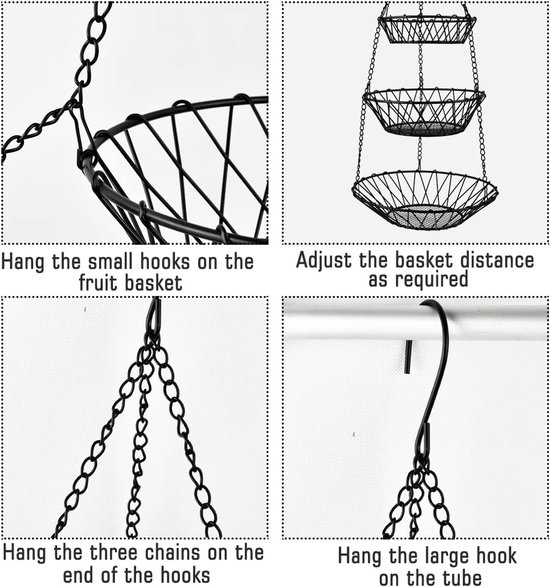 Hangende Boho Fruitmand met 3 Etages en S-haken - Wit - 120 cm - Handgeweven Macramé