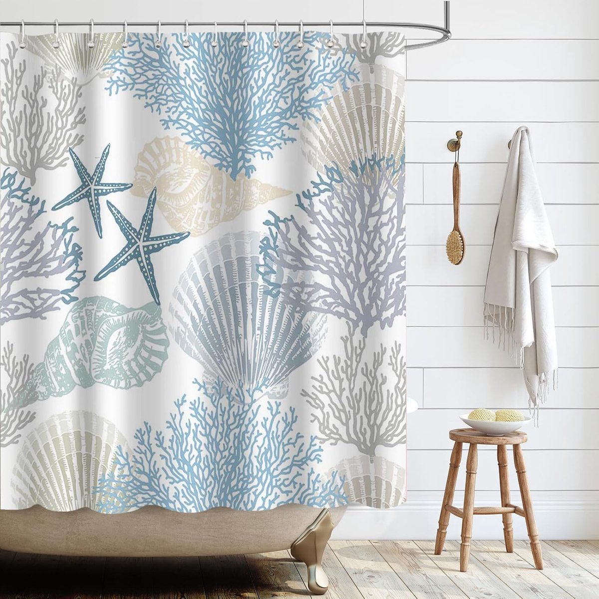 Douchegordijn zeester koraal strand thema - bad decoratie - set met 12 haken - blauw - 183 x 183 cm