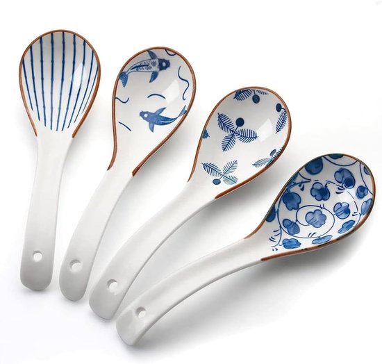 Chinese soeplepel Lange steel lepel Aziatische soeplepel Keramische lepel Chuang blauw 3/6 stuks(Color:6 Pieces