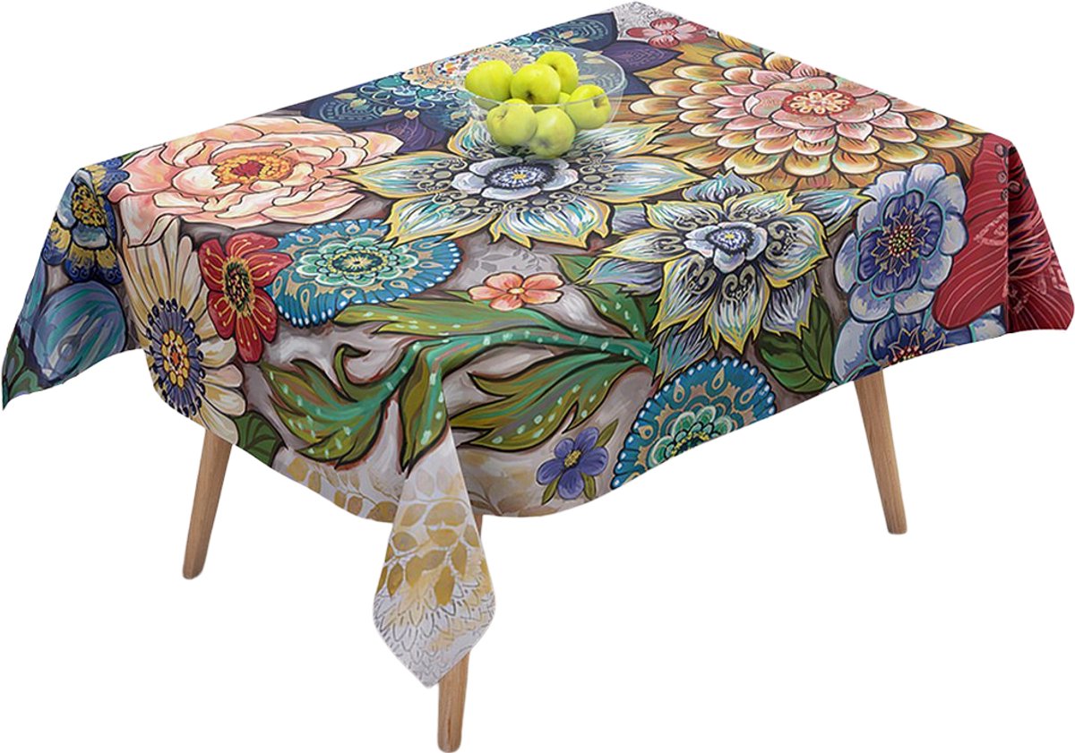 Ulticool - Tafelkleed - Groot Tafelzeil Plastic - Afwasbaar Afneembaar Wasbaar - voor Binnen en Buiten - Waterdicht - 140 x 240 cm - Decoratie Lente - Tafelloper Rechthoekig - Design Bloemen Natuur Kunst - Geel Groen Blauw Roze