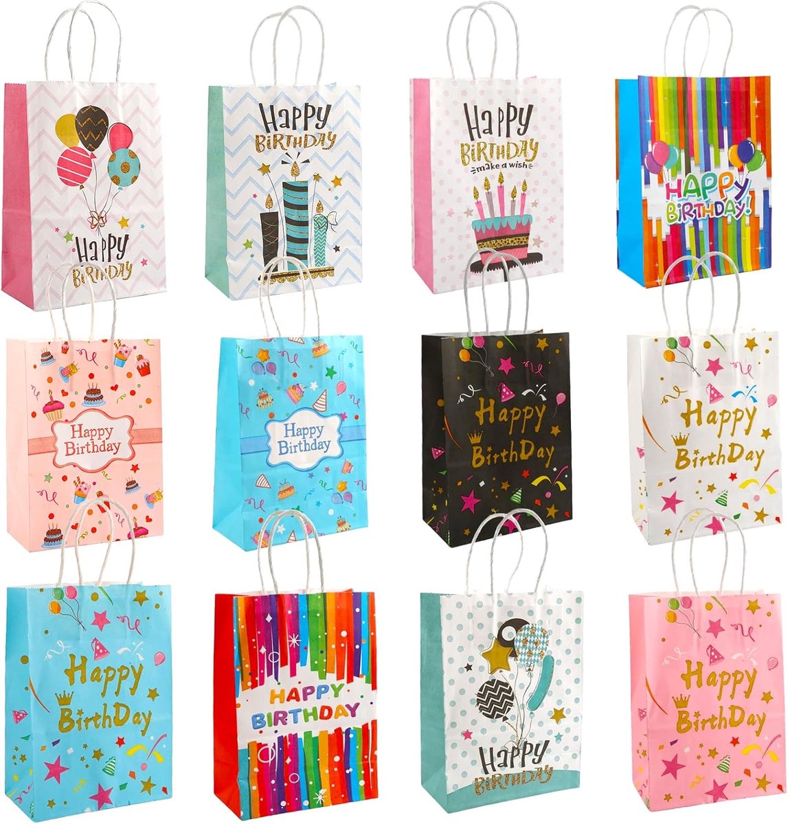 Verjaardagscadeauzakjes set van 12 - Duurzame boho-papieren zakjes voor verjaardagen, bruiloften en babydoopjes