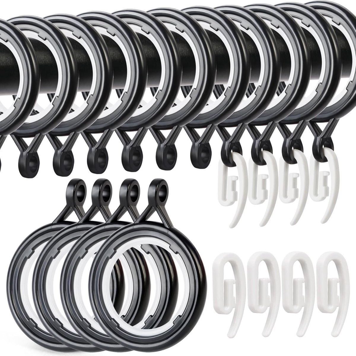 Gordijnringen en haken set - 32 stuks - zwart - kunststof - 30 mm