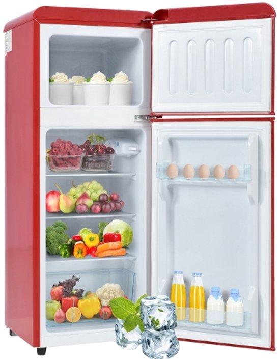 Retro koelkast. Coole en vriezercombinatie, 105,5 cm hoog, 41 cm breed, tweedeurs, met een totaal van 92 liter totaal volume, 28 liter vriezervolume. Deurplanken en glazen planken. 116 kWh/jaar, -27 ° C ~ 13 ° C, LED -licht.