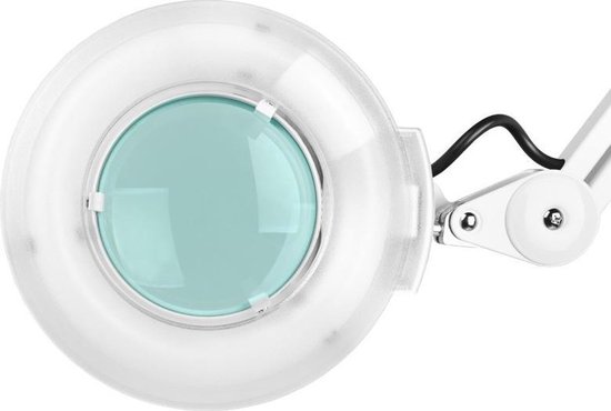 Gedetailleerde opname van de witte loeplamp met een helderblauwe lens en doorzichtige rand.
