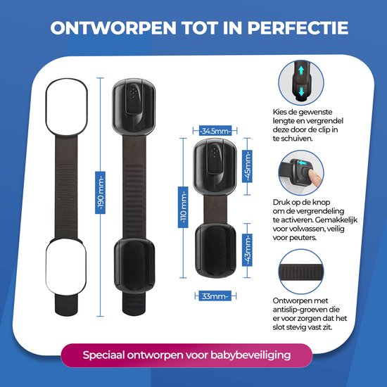 Afmetingen van de sloten: 34.5mm breed, 45mm hoog, 43mm diep. Band is 110mm en 190mm lang. Ontworpen met antislip-groeven.