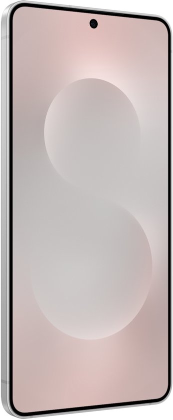 Links zijaanzicht van de Samsung Galaxy S25 Edge, 512GB, Titanium Zilver, met een abstracte achtergrond op het scherm.