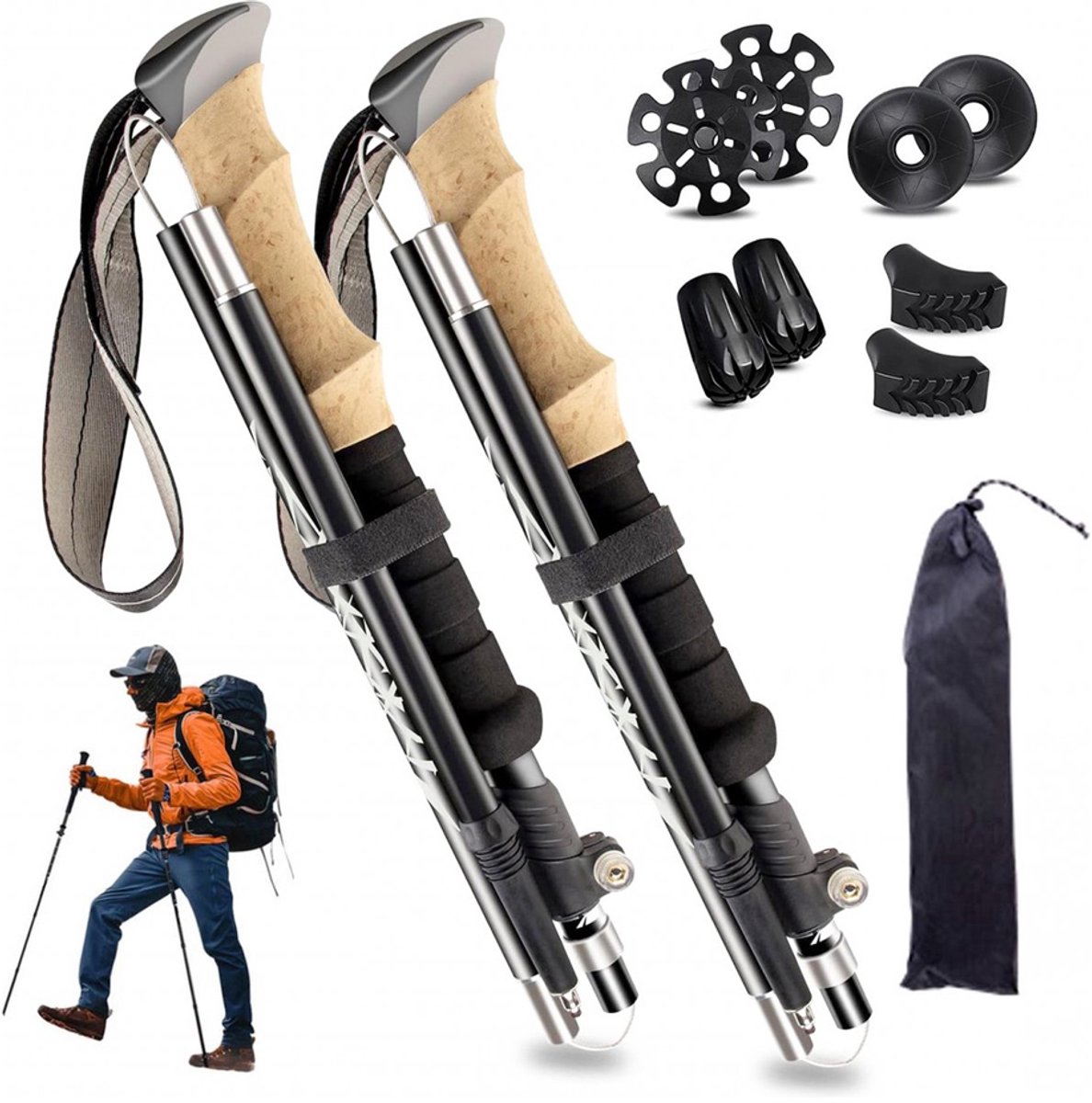 KZQ Nordic Walking Poles - Wandelstokken - Wandelstokken - Ergonomische comfortabele handgreep - Verstelbaar - Professioneel Nordic Walking - Opvouwbaar - Met tas/accessoires - Wandelen - Anti-schokfunctie - Ultralicht