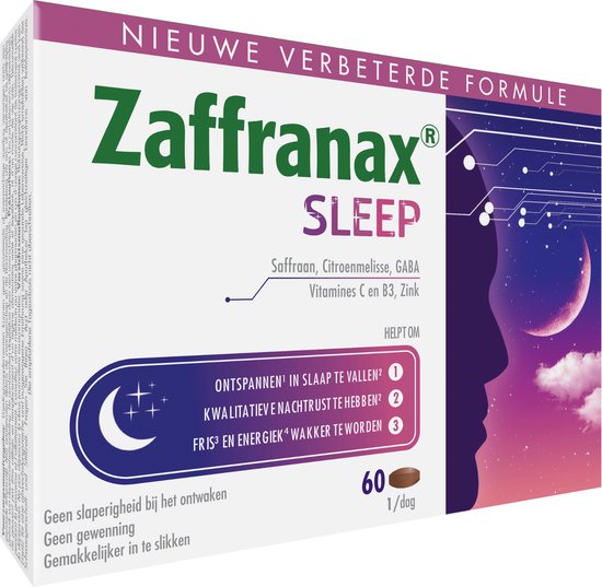 Zaffranax Sleep-verpakking met een afbeelding van een hoofdprofiel tegen een nachtelijke hemel, tekst 'NIEUWE VERBETERDE FORMULE'.