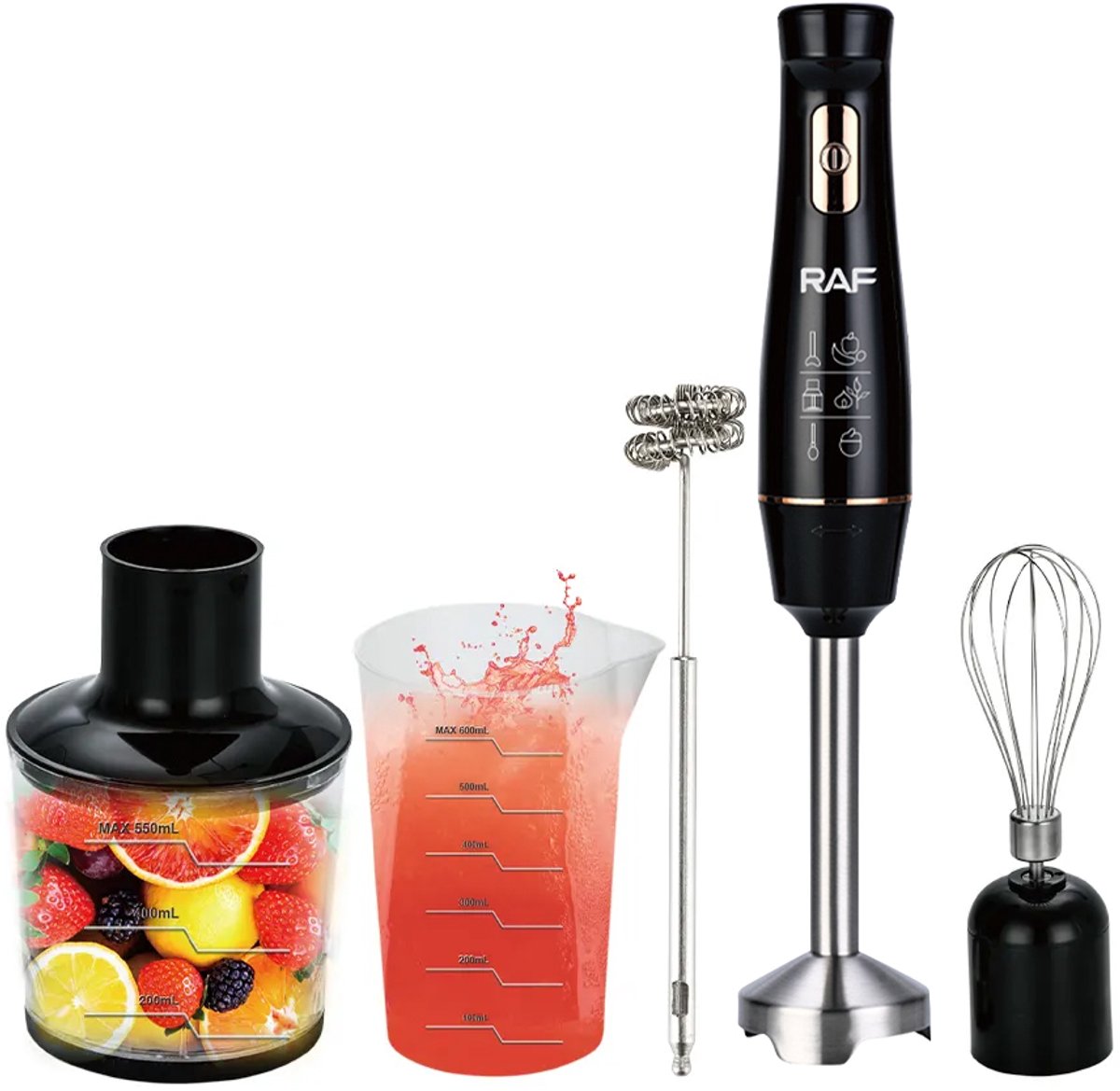 RAF - Staafmixer Set - 5-in-1 - Hand Blender - Elektrische Handmixer - Klopper - Staafmixer - BPA-vrij - Extreem Krachtig - Hakmolen - Garde - Maatbeker - Mengstaaf - Ook voor IJsklontjes - Complete Set - Melkopschuimer - Foodprocessor — afbeelding 2