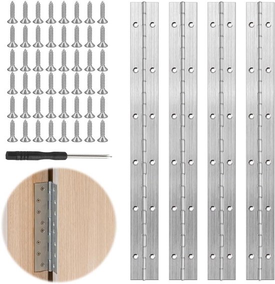 pianoscharnier 30 cm Pianoband roestvrij staal scharnier lang met gaten, schroef voor piano's, kastdeuren, 4 stuks, met schroevendraaier