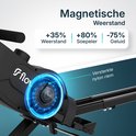 Close-up van magnetische weerstand op de zwarte roeitrainer. +35% weerstand, +80% soepeler, -75% geluid.