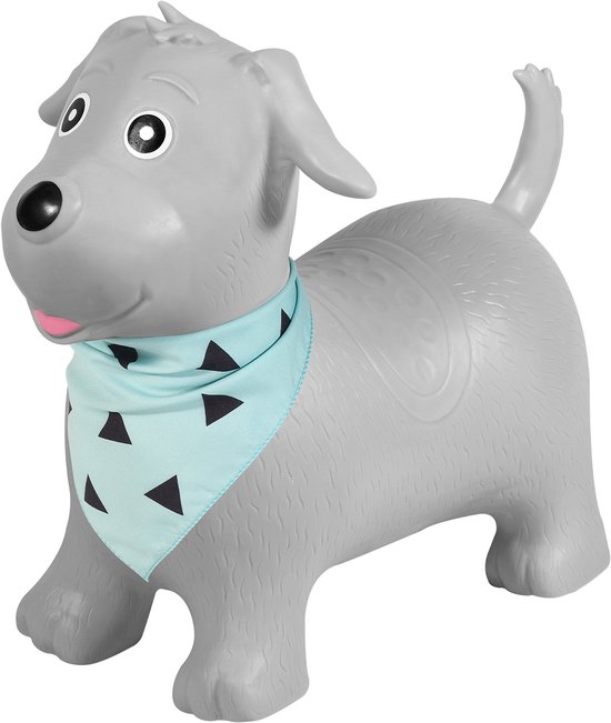 Grijs skippydier in honden-vorm met lichtblauwe bandana met zwarte driehoeken, staand.