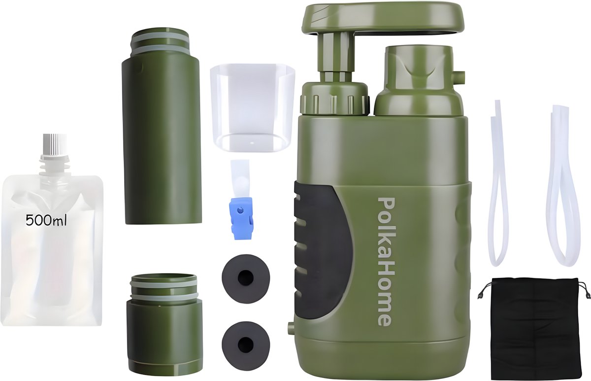 PolkaHome Waterfilter Survival - Filtert 10000L Waterfilter Outdoor - Waterzuiveringsapparaat - Waterzuivering Outdoor - Survival Kit, water filter, Waterfilterkannen, Waterfilters ,waterfilter noodpakket ( INCLUSIEF RESERVE VERVANGINGSFILTER)