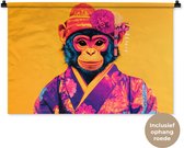 Wandkleed 90x60 cm - Wanddoek Aap - Kimono - Bloemen - Hoofdtooi - Wandtapijt - Wandkleden