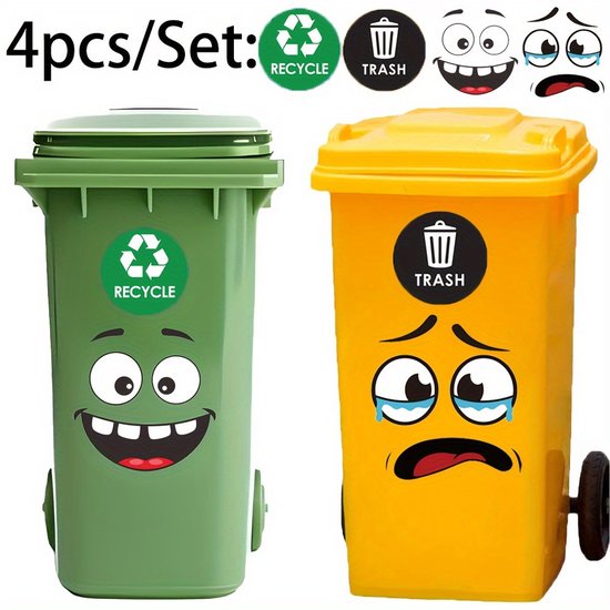 4 grappige stickers voor de prullenbak - schattige wc-stickers - kleverige stickers met cartoonuit drukkingen - decoratieve muurstickers voor binnen en buiten - geschikt voor keuken, koelkast, prullenbak, muur - zwart