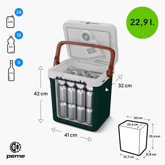 PEME Essential Elektrische Koelbox, 22,9 liter, 12V, 220/230 Volt AC/DC, Aansluiting voor Auto en Camping, thermo-elektrisch Frigobox - groen van PEME — afbeelding 2