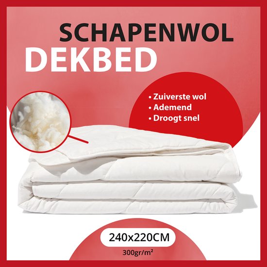 Zomerdekbed Wol 300gr/m2 - 240x220cm - 100% Zuivere Scheerwol - Wollen Dekbed 240x220 - Lits Jumeaux Extra Lang - Dekbedden
