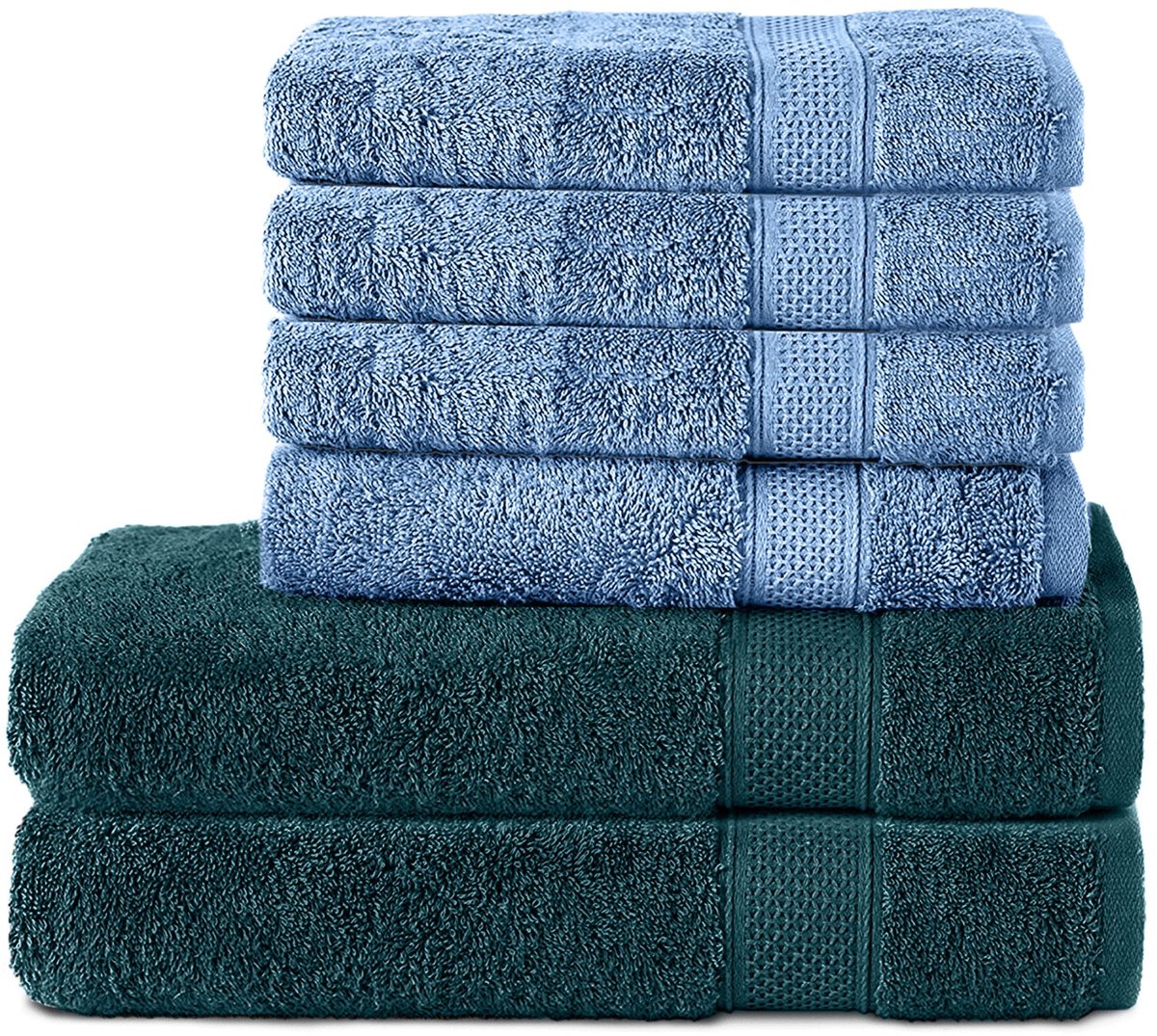 Komfortec Handdoekenset 4x handdoek 50x100 cm en 2x badhanddoek 70x140 cm - 100% Katoen - Petroleumblauw&Lichtblauw