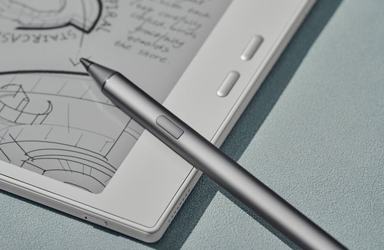 Grijze BOOX styluspen op een witte e-reader.