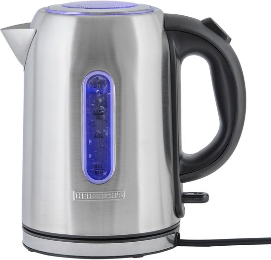 Roestvrijstalen waterkoker met zwart handvat en blauw verlicht waterniveau-indicator.