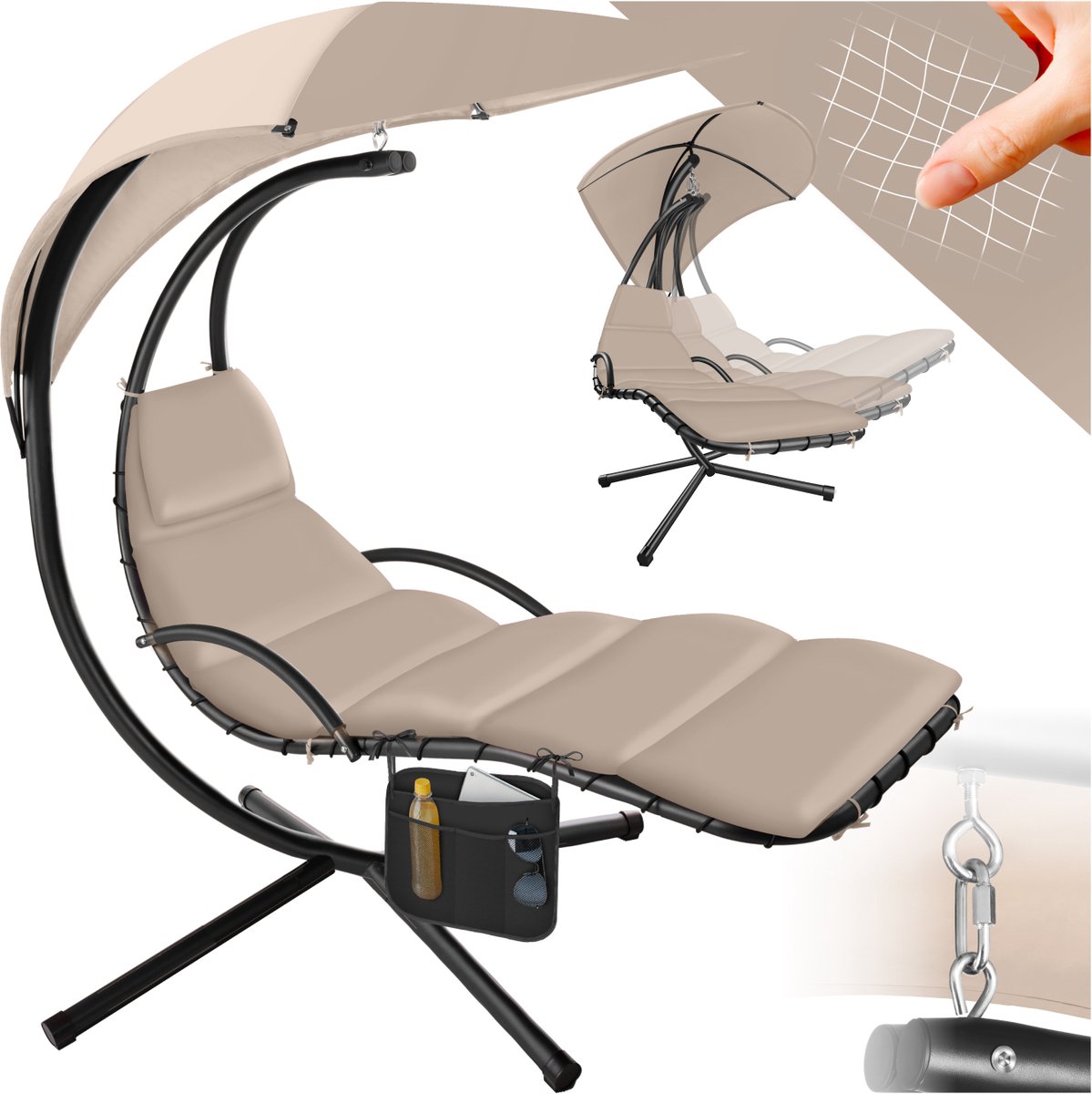 tectake® - hangligstoel met frame zwevend ligbed schommelligstoel met zonnekap schommelligstoel hangstoel incl. tas gestoffeerd kussen met kussen voor tuin terras en balkon - beige