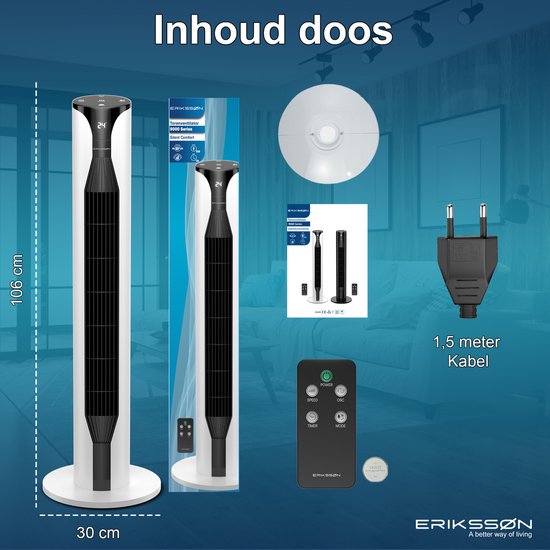 VonHaus Torenventilator, 87 cm, staande ventilator zonder vleugels, oscillerend, met timer, torenventilator met afstandsbediening, 3 snelheden voor thuis, zuilventilator
