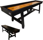 Zwarte TopTable shuffleboardtafel met een oranje speelveld en scorebord.