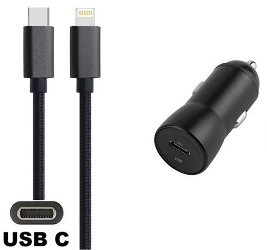 OneOne auto snellader + 2,0m OneOne USB C naar Lightning kabel. 20 Watt lader. Universele autolader adapter past op Apple iPhone SE 2, iPhone 13, 13 Mini, iPhone 13 Pro, 13 Pro Max, iPhone 14, iPhone 14 Plus, iPhone 14 Pro, iPhone 14 Pro Max