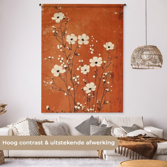 Wandkleed 150x200 cm - Wanddoek Bloemen - Wit - Subtiel - Roestkleur - Wandtapijt - Wandkleden