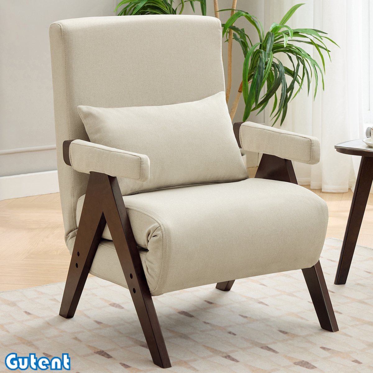Gutent Fauteuil - Met slaapfunctie - 3 in 1 omvormbaar - Met houten dienblad - Bekleed opvouwbaar - Beige + Noten