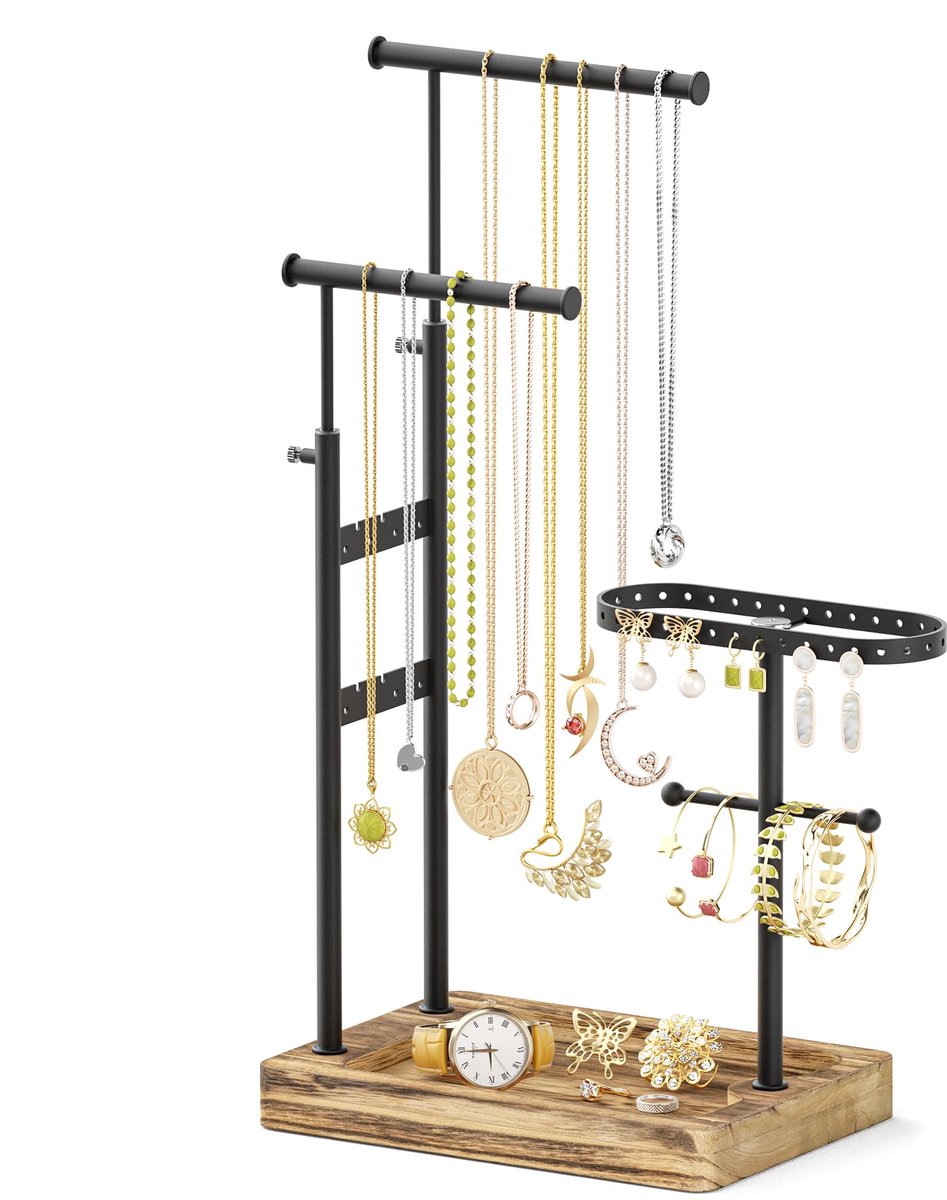 Ibenzoa® Stijlvolle Draaibare Sieradenhouder met Houten Basis voor Kettingen, Oorbellen en Meer