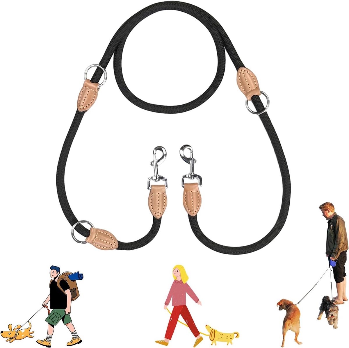 Dubbele hondenriem voor het lopen van twee honden - Verstelbare nylon trainingslijn, 2 meter