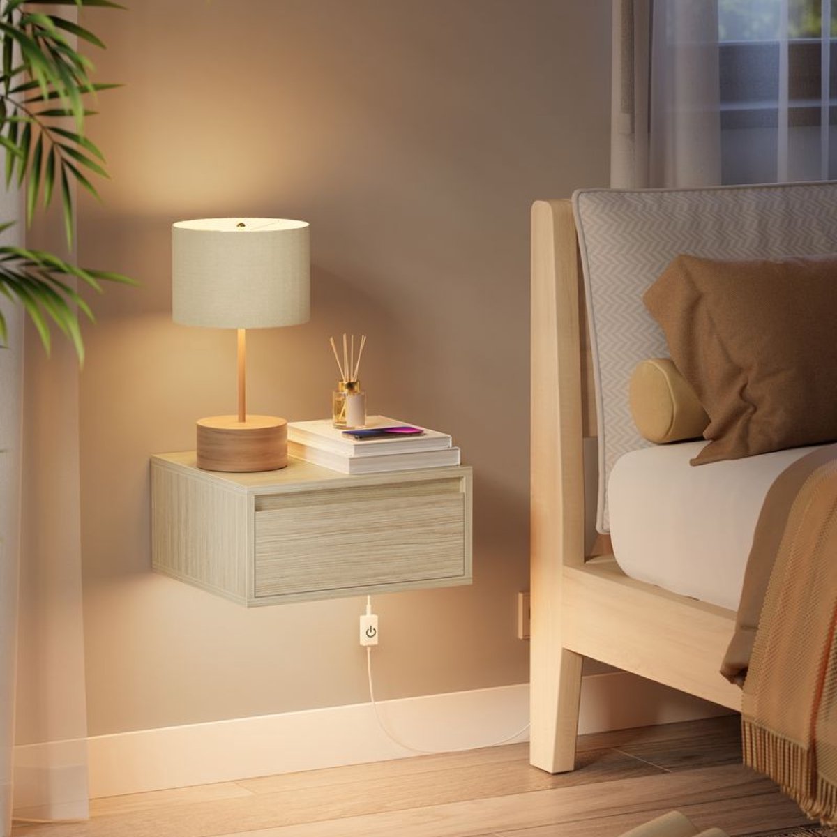 Nancy's Bova Nachtkastjes set van 2 - Zwevende Lades - Met verlichting in 3 kleuren - Beige - ± 40 x 35 x 20 cm