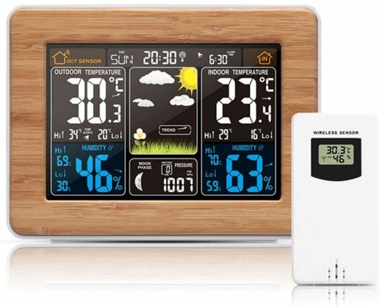 Foto: Draadloos weerstation met buitensensor met tijd datum temperatuur vochtigheid barometer alarm maanfaseweergave multifunctionele thermometer zwart