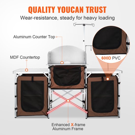 Camping Keukentafel, Opvouwbaar Outdoor Kookstation met Opbergtas, Aluminium Tafel met 3 Kastjes En Verwijderbaar Windscherm, Snel Op Te Zetten voor Picknicks, Barbecues, Bruin — afbeelding 5