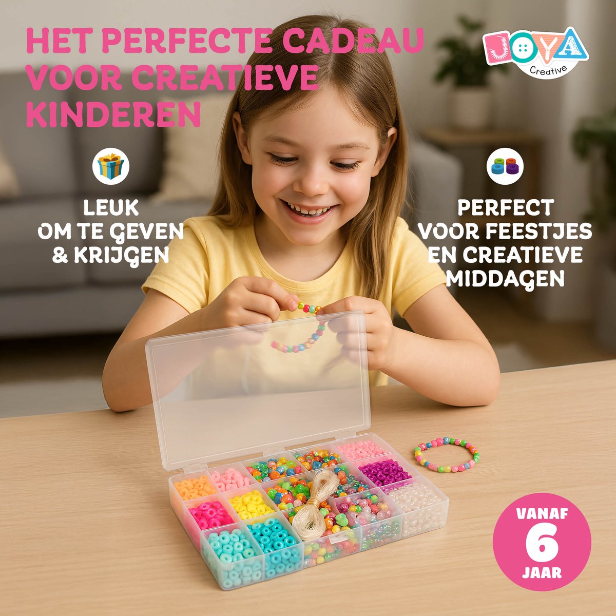 Sieraden Maken Set – Kralen Set voor Kinderen en Volwassenen – 15 Verschillende Kralen & Transparant Rijgdraad – Katsuki Kralen, Glas Kralen, Smiley Kralen, Letter Kralen, Bloemen Kralen – Armbandjes Maken voor Meisjes - Joya Creative — afbeelding 5
