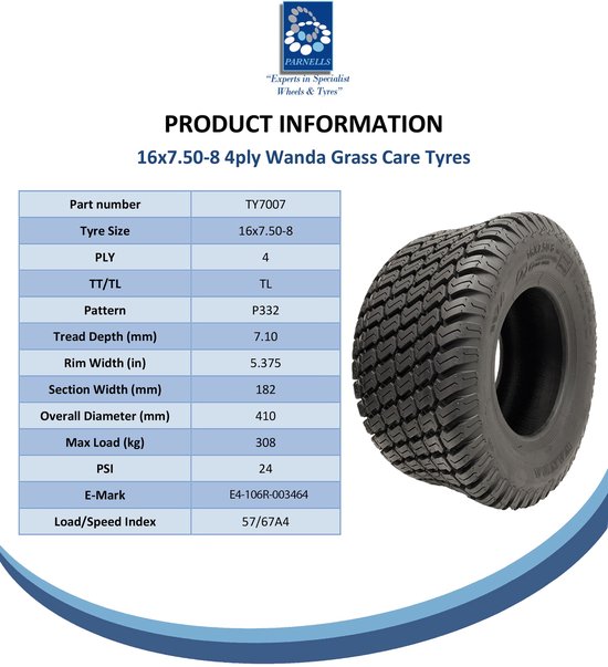 16x7.50-8 Grasmaaierbanden & binnenbanden 4ply Wanda Grass P332 Road Legal (Set van 2) van Wanda — afbeelding 2