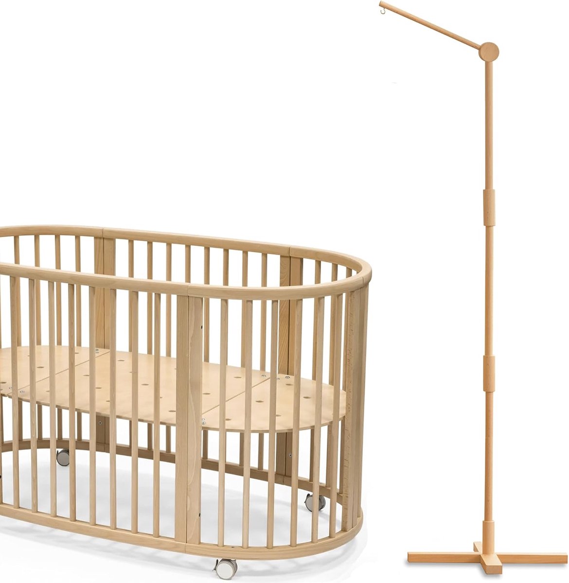 Bewegende mobiele houder voor babybed en kinderbed - 100% beuken, 155 cm hoogte