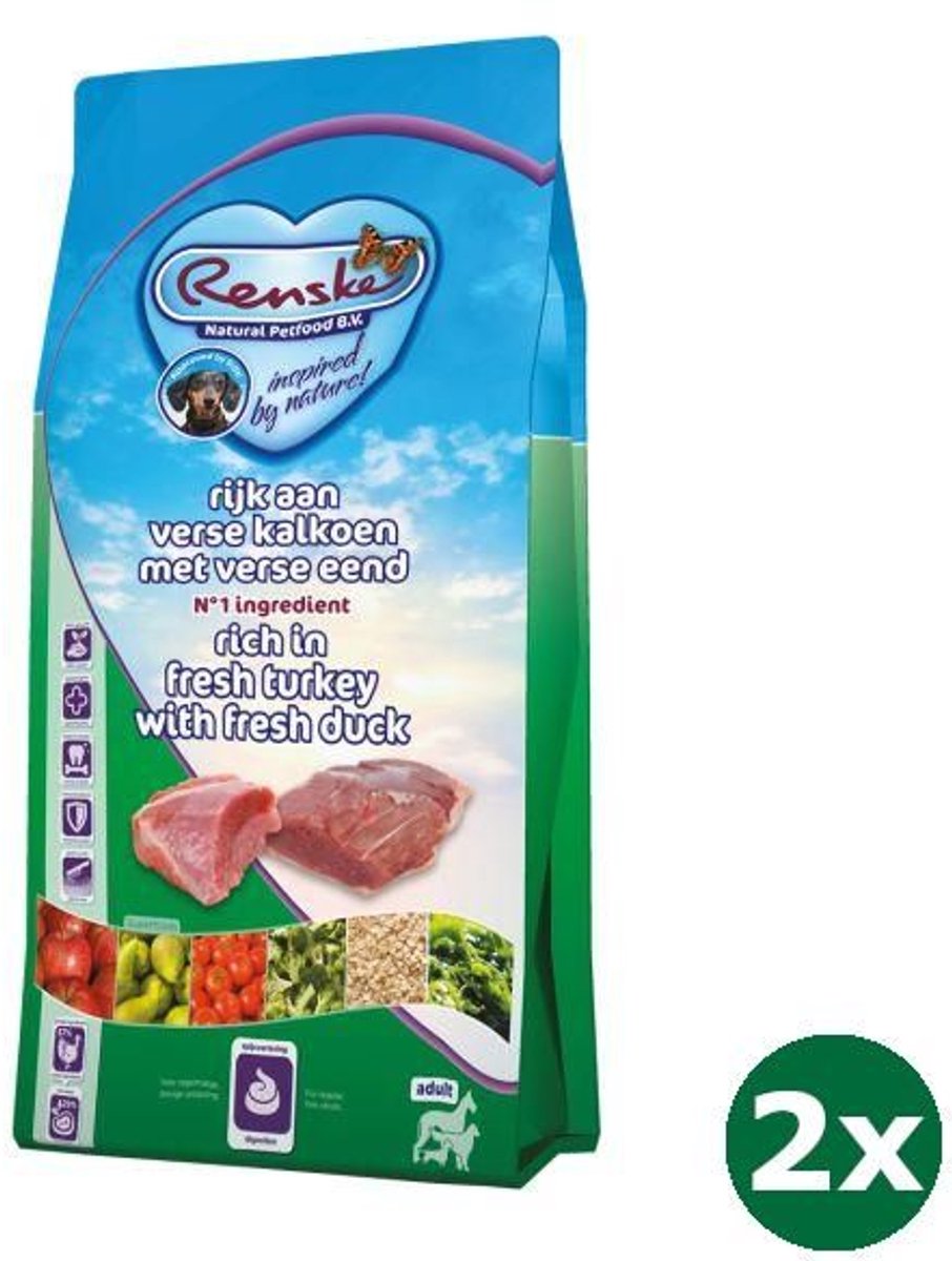 2x6,5 kg Renske super premium adult kalkoen / eend hondenvoer